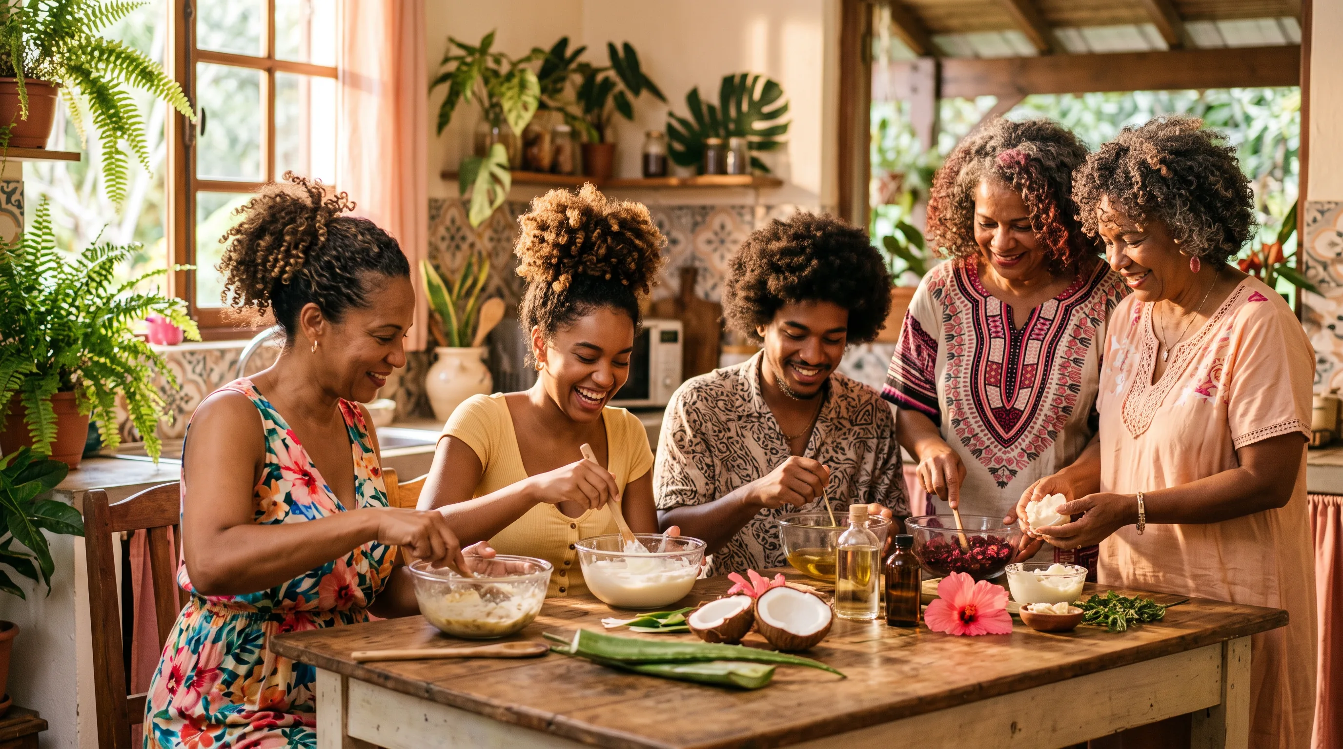 Famille créole préparant ensemble des soins capillaires naturels dans une cuisine tropicale